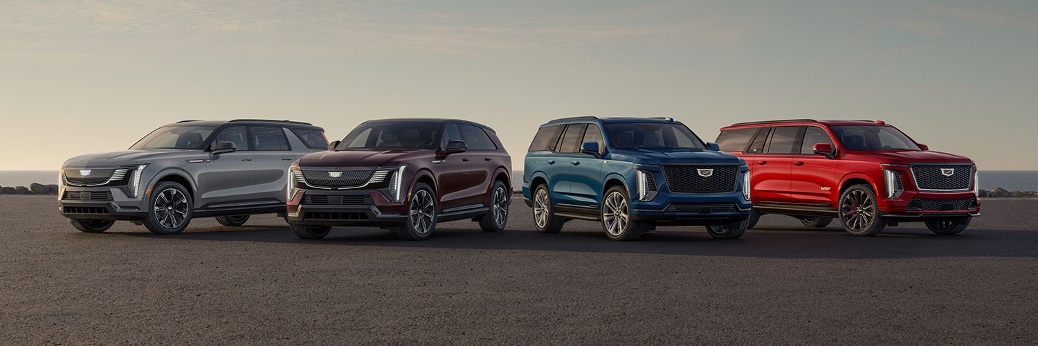 Four Cadillac ESCALADES in Gray, Dark Red, Teal, and Bright Red Parked on an Asphalt Lot by the Ocean