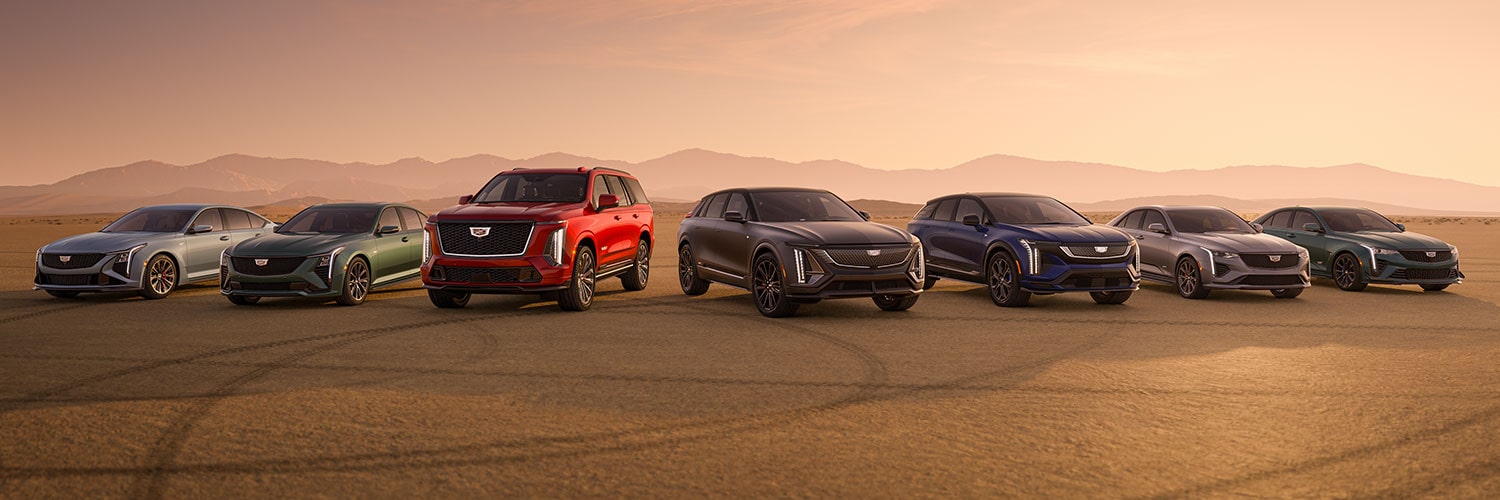 A Row of Cadillac Sedans and SUVs in Different Colors Parked on a Desert Road at Sunset