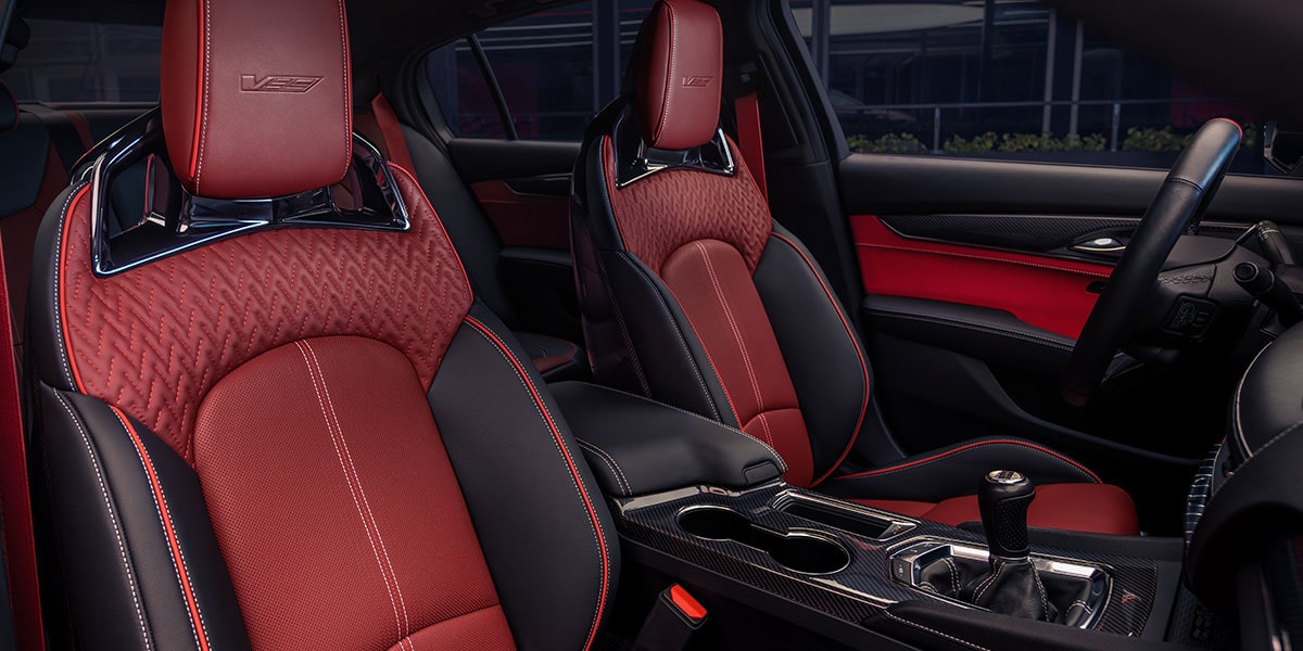 Passenger View the Curated by Cadillac CT5-V Blackwing Front Row Seats and Interior in Red and Black