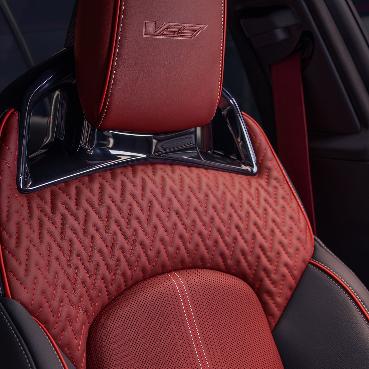Close-up of the Curated by Cadillac CT5-V Blackwing Interior Seats in Red and Black