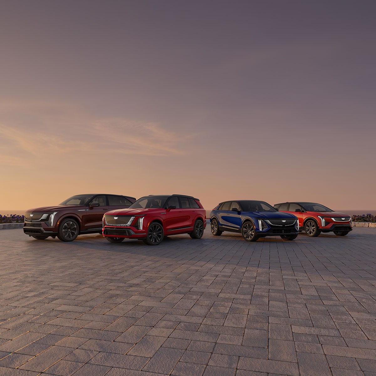 The Cadillac Electric Vehicle Line-up Parked Under a Beautiful Sunset