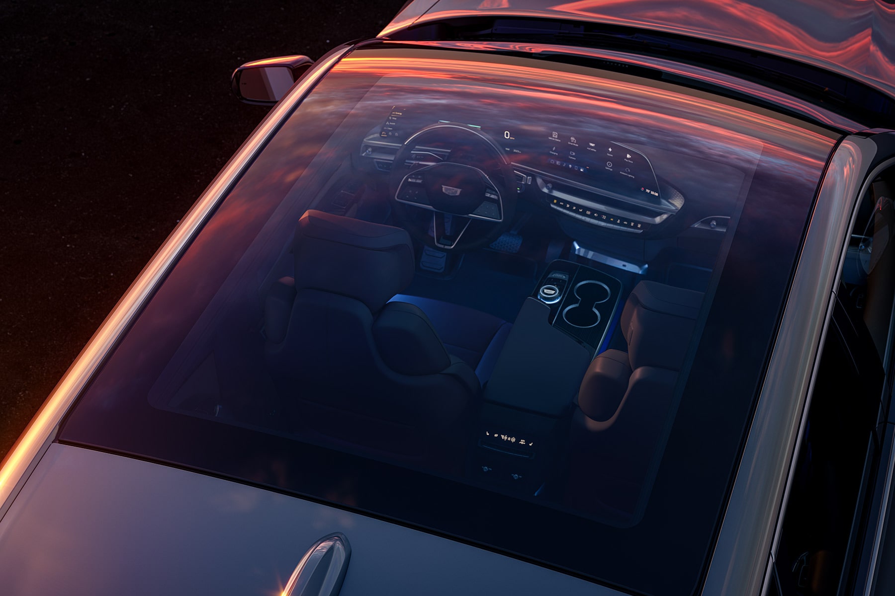 Overhead View of a 2027 Cadillac LYRIQ Interior Seen Through a Panoramic Glass Roof.