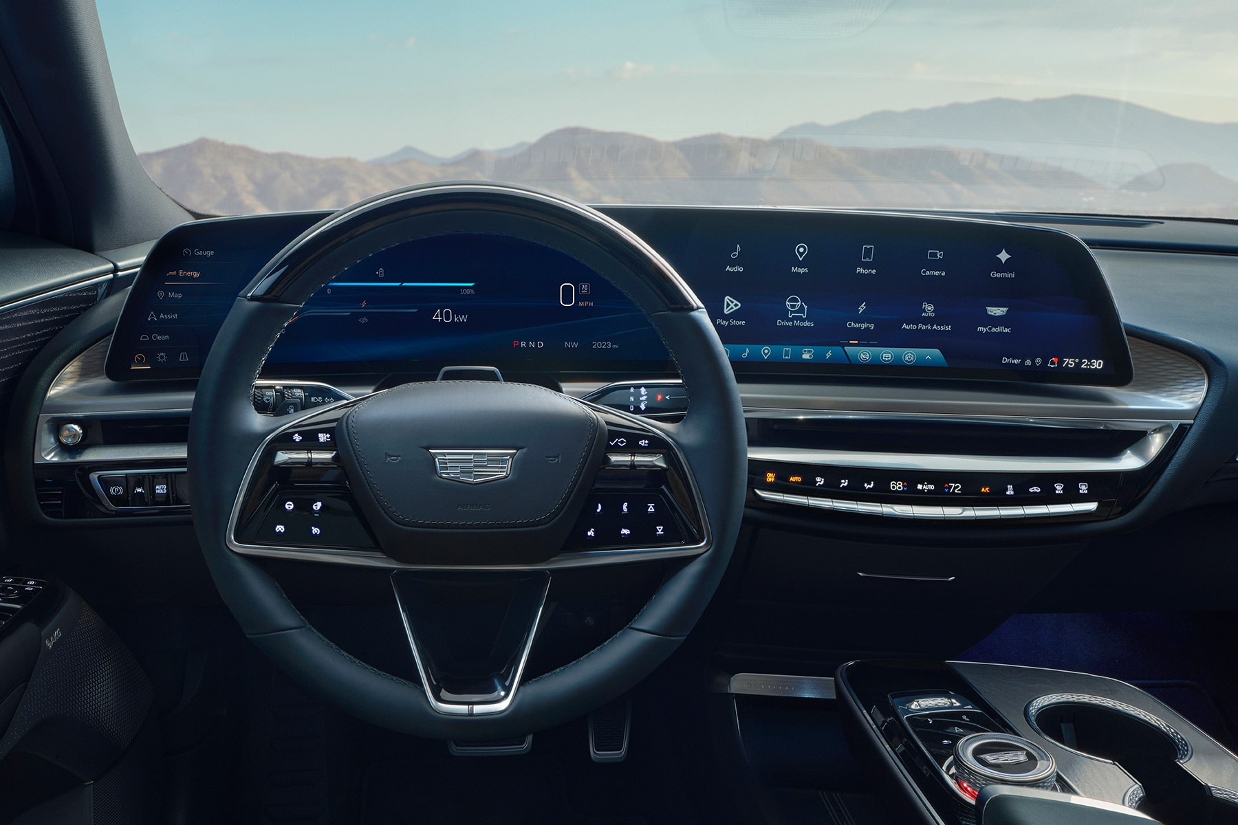 2027 Cadillac LYRIQ Interior With a Steering Wheel, Digital Instrument Panel, and 33-Inch LED Display.