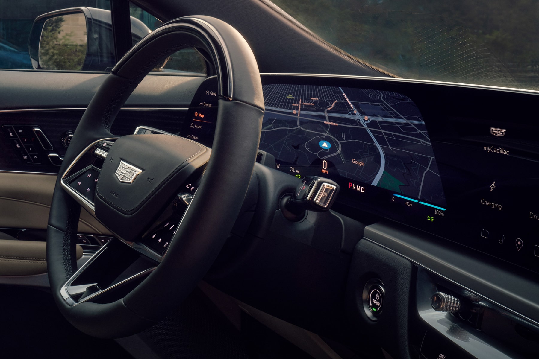2027 Cadillac LYRIQ Interior With a Steering Wheel, Digital Instrument Panel, and 33-Inch LED Display.
