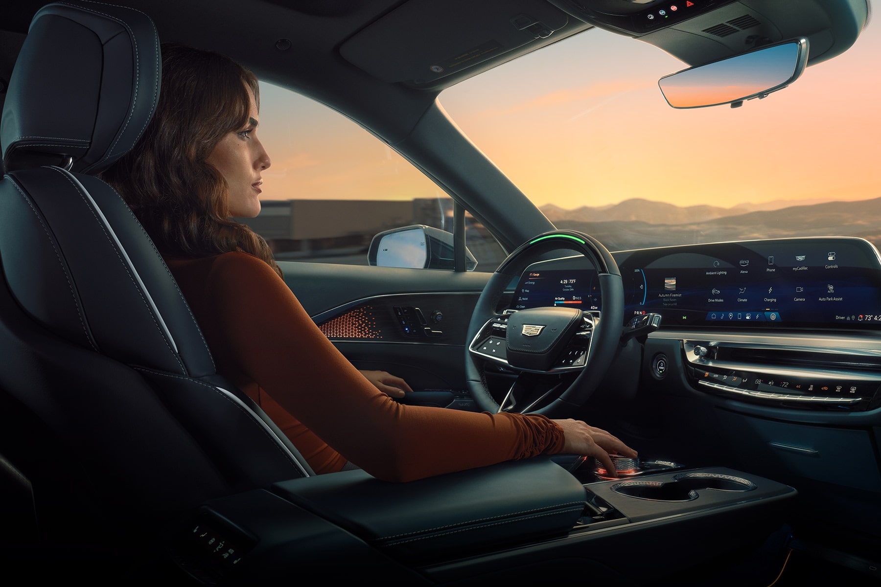 2027 Cadillac LYRIQ Interior With a Steering Wheel, Digital Instrument Panel, and 33-Inch LED Display.