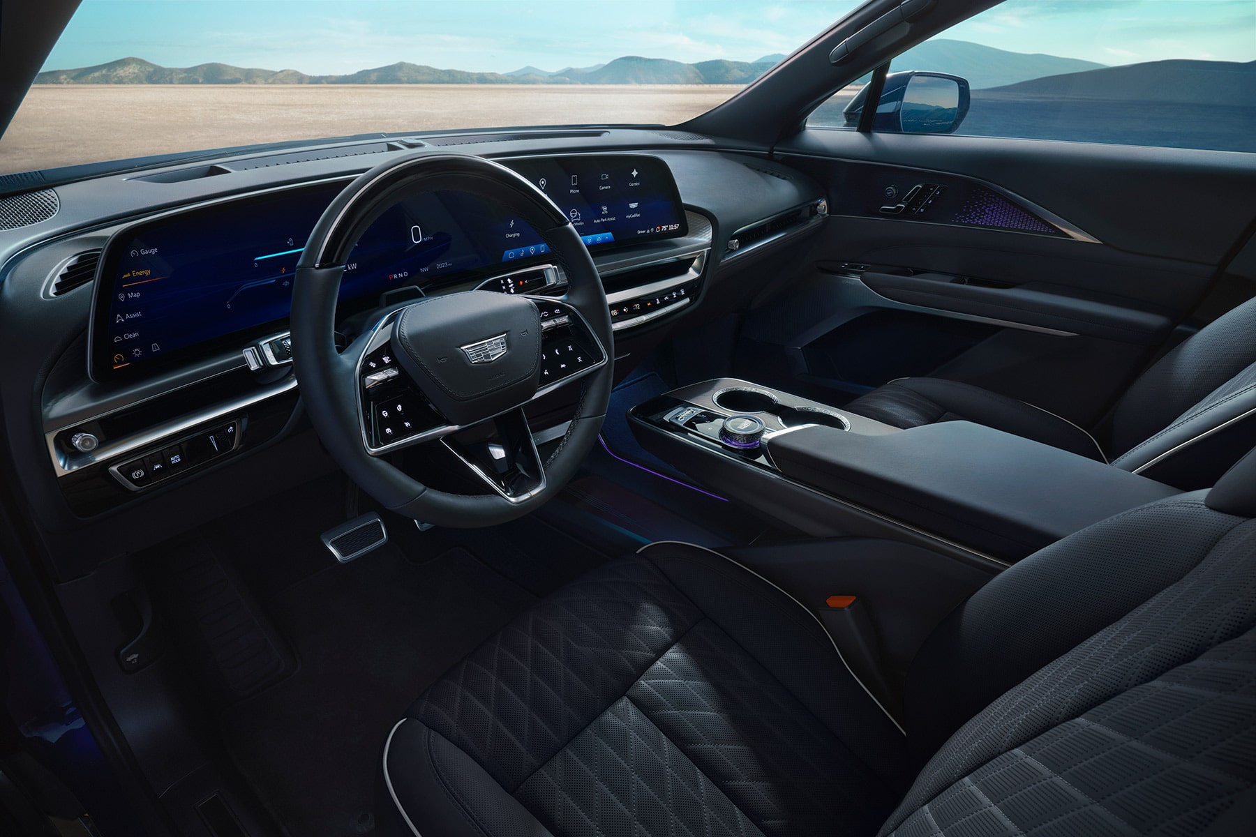 2027 Cadillac LYRIQ Interior With a 33-Inch LED Display, Black Leather Seating, and Center Console Controls.