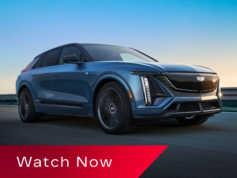 Video Thumbnail Showing a Blue 2027 Cadillac LYRIQ-V Driving on a Road.