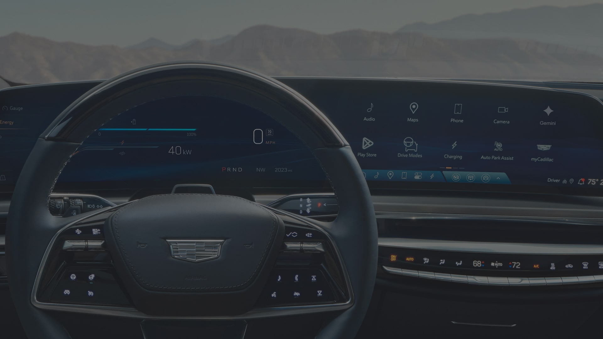 Interior of a 2027 Cadillac LYRIQ With a Steering Wheel, Digital Instrument Panel, and 33-Inch LED Display.