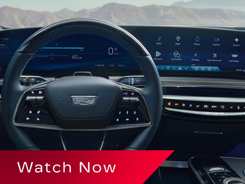 Video Thumbnail Showing the Interior of a 2027 Cadillac LYRIQ With a Steering Wheel, Digital Instrument Panel, and 33-Inch LED Display.