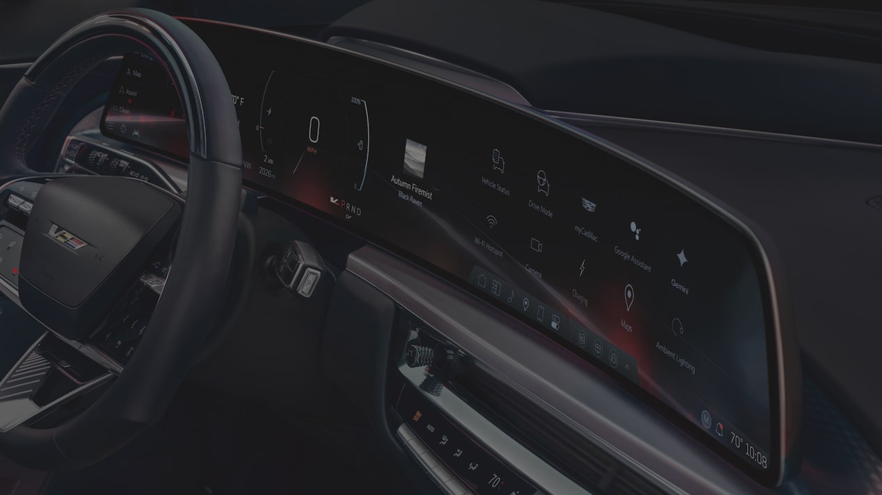 2027 Cadillac LYRIQ Interior With a 33-Inch LED Display, Digital Instrument Cluster, and Steering Wheel.