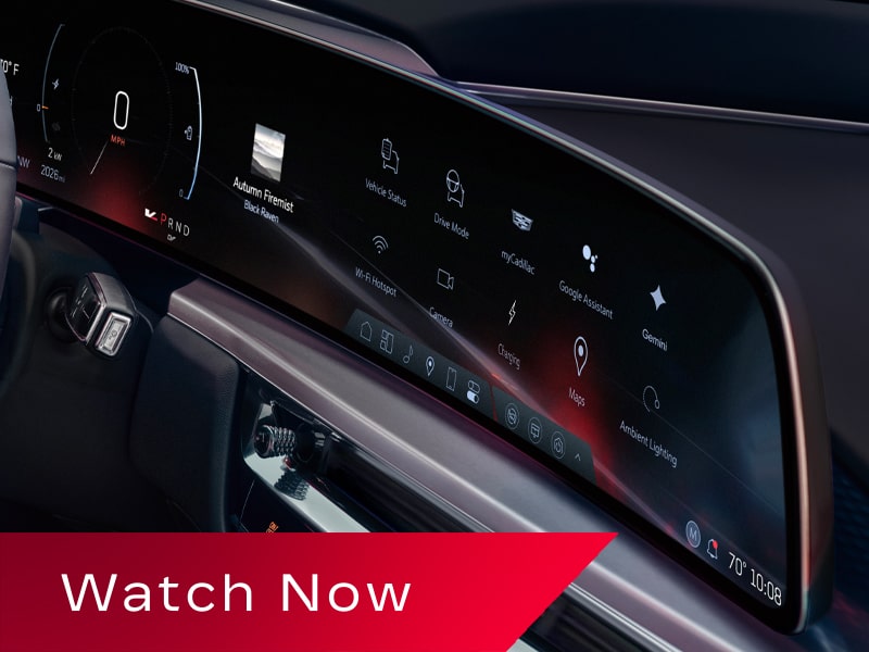 Video Thumbnail Showing the Interior of a 2027 Cadillac LYRIQ With a 33-Inch LED Display, Digital Instrument Cluster, and Steering Wheel.