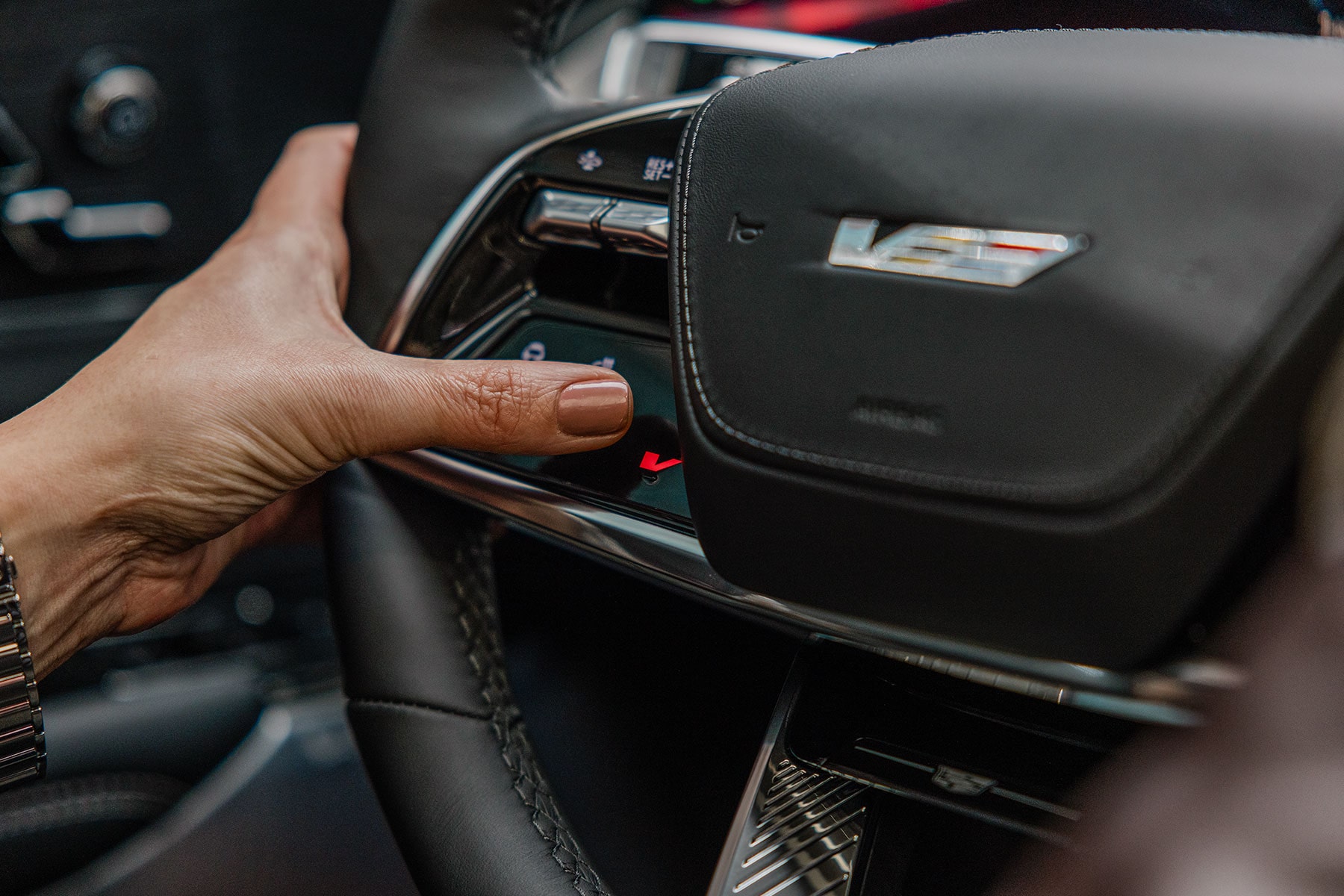 2027 Cadillac LYRIQ-V Steering Wheel With V-Series Performance Badging.