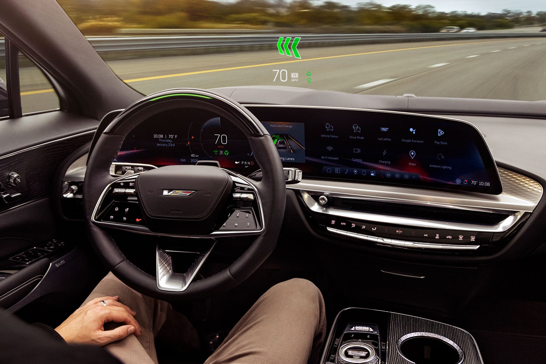 2027 Cadillac LYRIQ-V Interior With a Head-Up Display, Digital Instrument Panel, and 33-Inch LED Display.