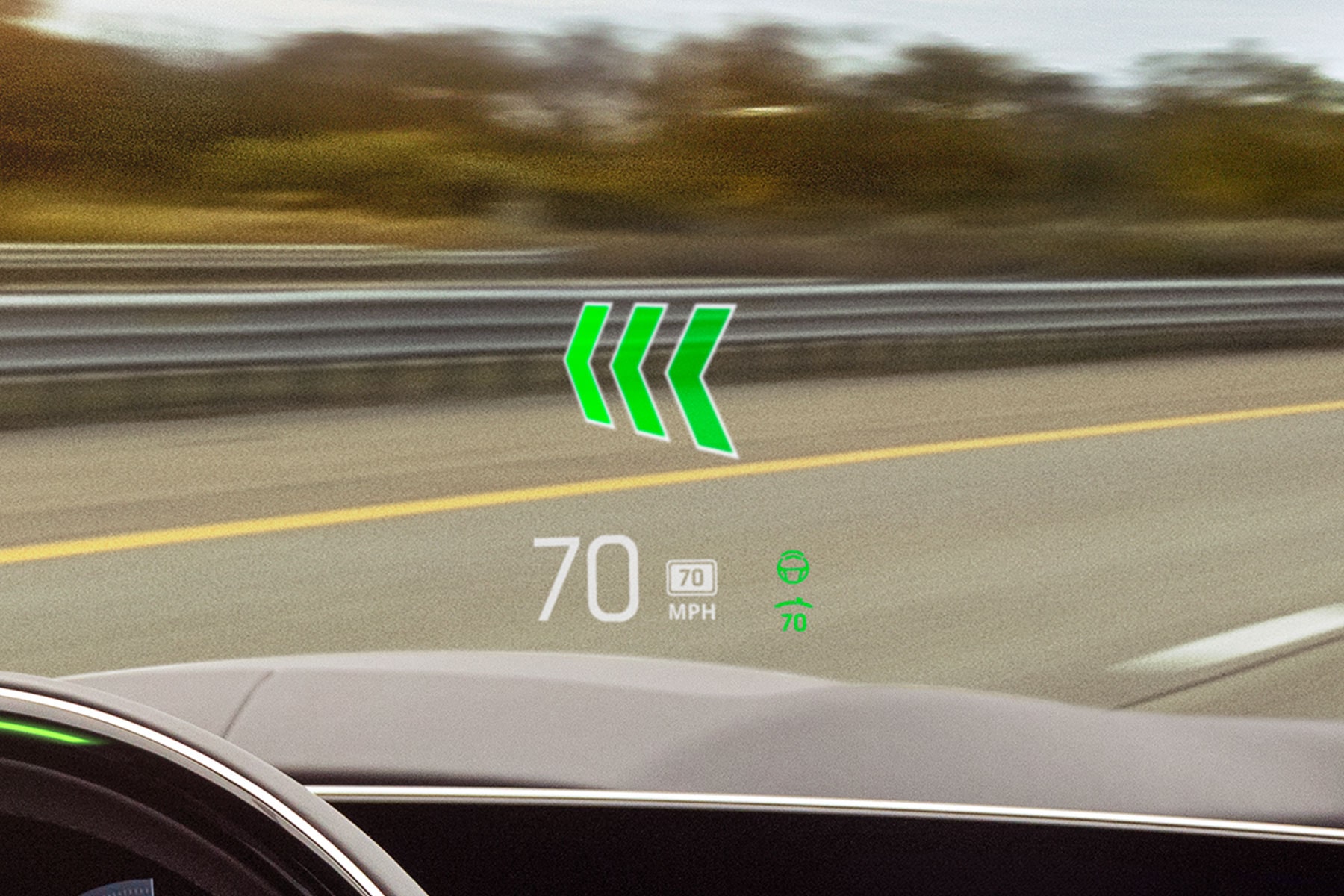 2027 Cadillac LYRIQ-V Head-Up Display Showing Navigation Directions and Driving Information.