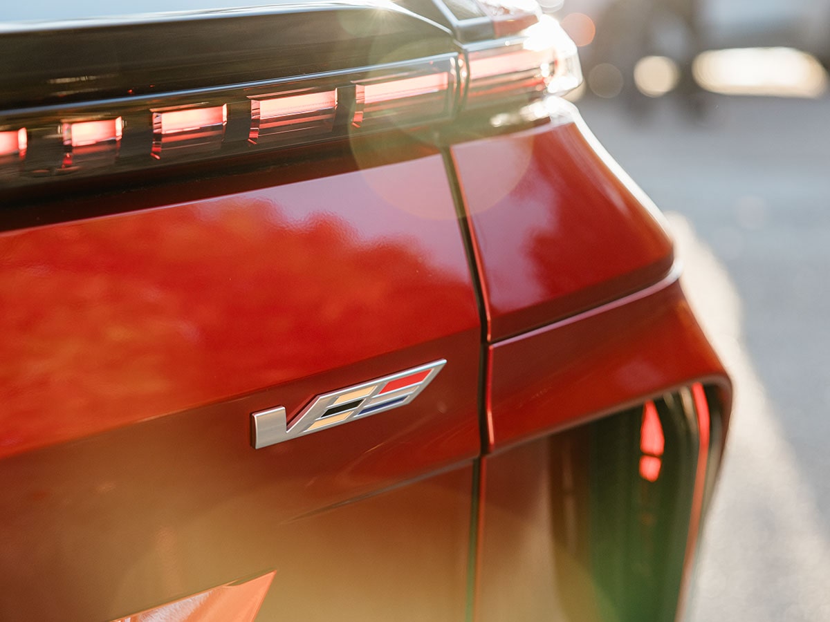 Rear Badge on a Red 2027 Cadillac LYRIQ-V.