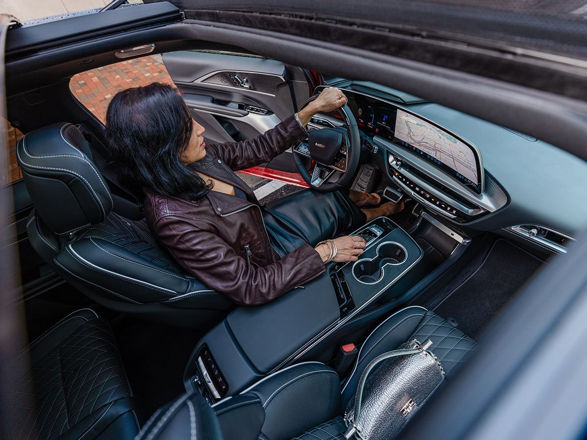 2027 Cadillac LYRIQ-V Interior With Black Leather Seating and V-Series Performance Accents.