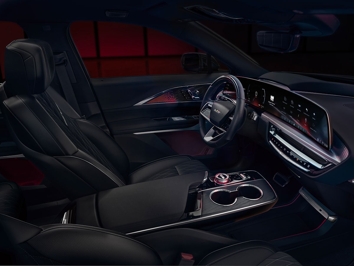 2027 Cadillac LYRIQ-V Interior With Black Leather Seating, a 33-Inch LED Display, and Center Console Controls.