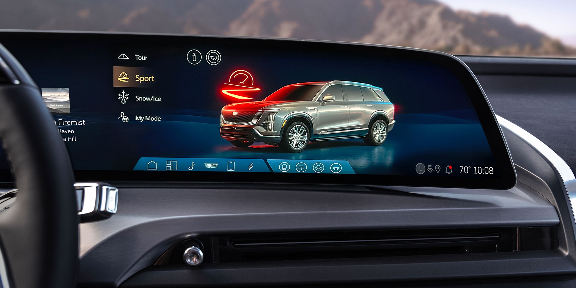 Close-up of the VISTIQ's Infotainment Screen Displaying the Different Driver Modes Including "Tour, Sport, Snow/Ice, and My Mode"