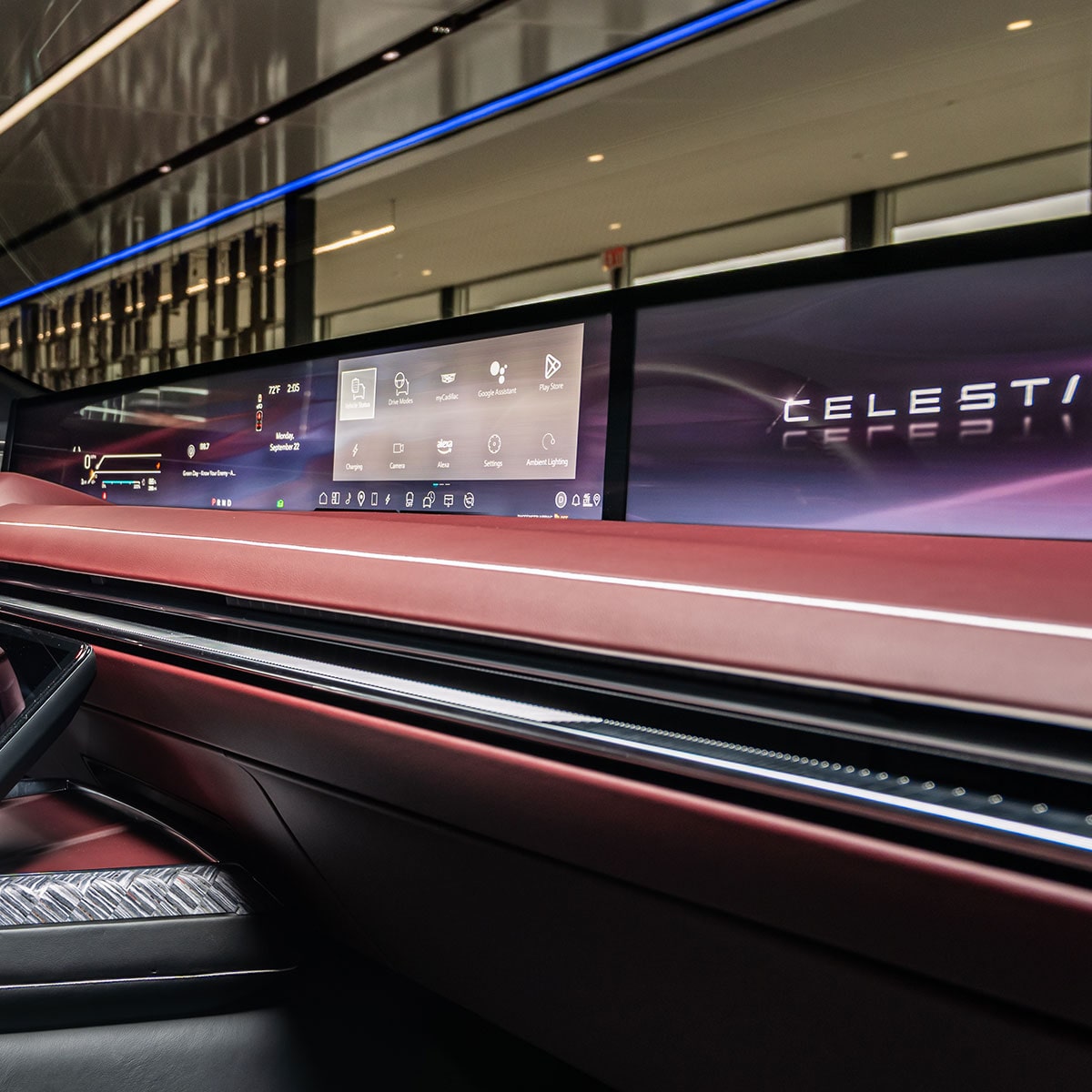 A Wide View of the Cadillac CELESTIQ Interior, Featuring a Driver's Seat, Dashboard, and Large Display.
