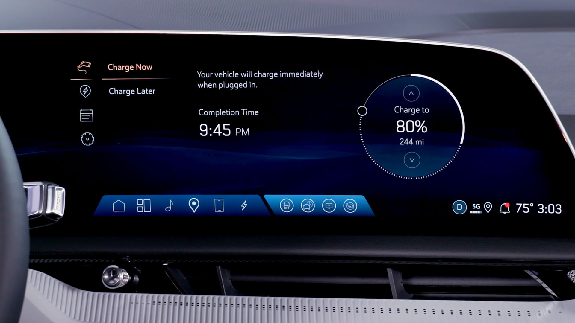 Close-up of the In-vehicle Charging App on a Cadillac's Infotainment Screen