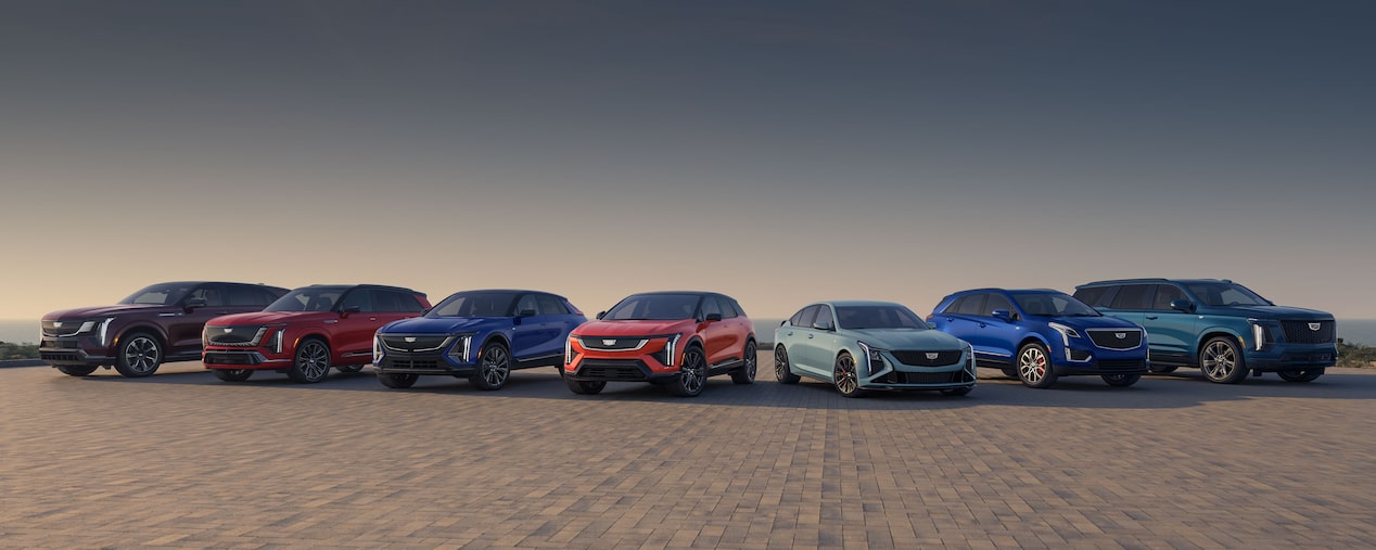 Three Cadillac Silver SUVs Parked on an Open Plain at Sunrise with  Mountains in the Background