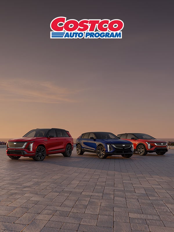 A multi-vehicle lineup of the Cadillac VISTIQ, LYRIQ, and OPTIQ parked on a paved stone driveway in front of a sunset