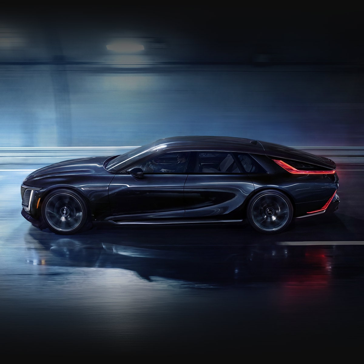 A Black Cadillac CELESTIQ Luxury Sedan in Motion at Night, Shown in Profile With Illuminated Vertical Lighting and a Continuous Rear Light Signature Against a Blurred Urban Backdrop.
