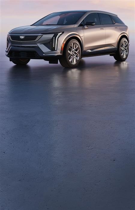 A multi-vehicle lineup of the Cadillac VISTIQ, LYRIQ, and OPTIQ parked on a paved stone driveway in front of a sunset