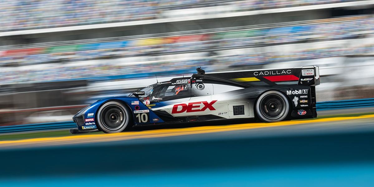 Three-quarter View of the Blue Cadillac V-Series.R Racecar