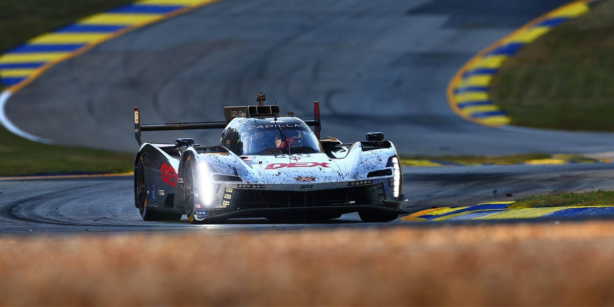 Profile View of the Blue Cadillac V-Series.R Race Car Speeding on the Race Track