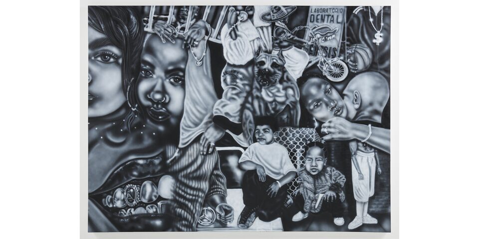 The Black and White Painting "All in the Family" Painted by Oakland Artist Esteban Samayoa 