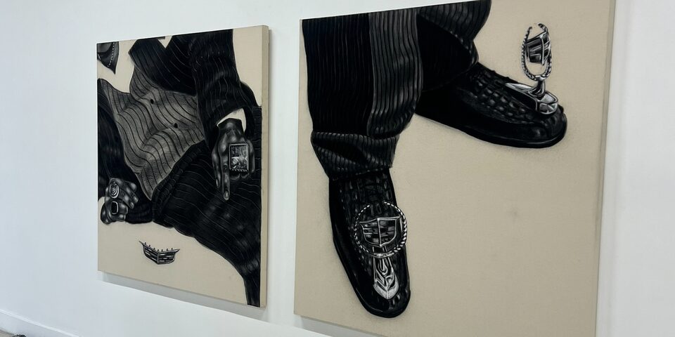 Two Charcoal and Pastel Paintings "Cadillac 1970, 2024" and "Cadillac 2002, 2024" Painted by Oakland Artist Esteban Samayoa
