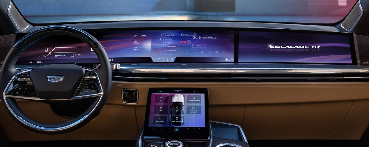 Full View of the ESCALADE IQ Front Row Interior and 55" Display Screen