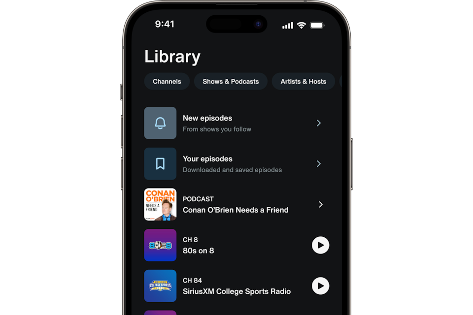 Close-up of the SiriusXM Library Displaying a User's Recent Channels, Podcasts, Stations and More