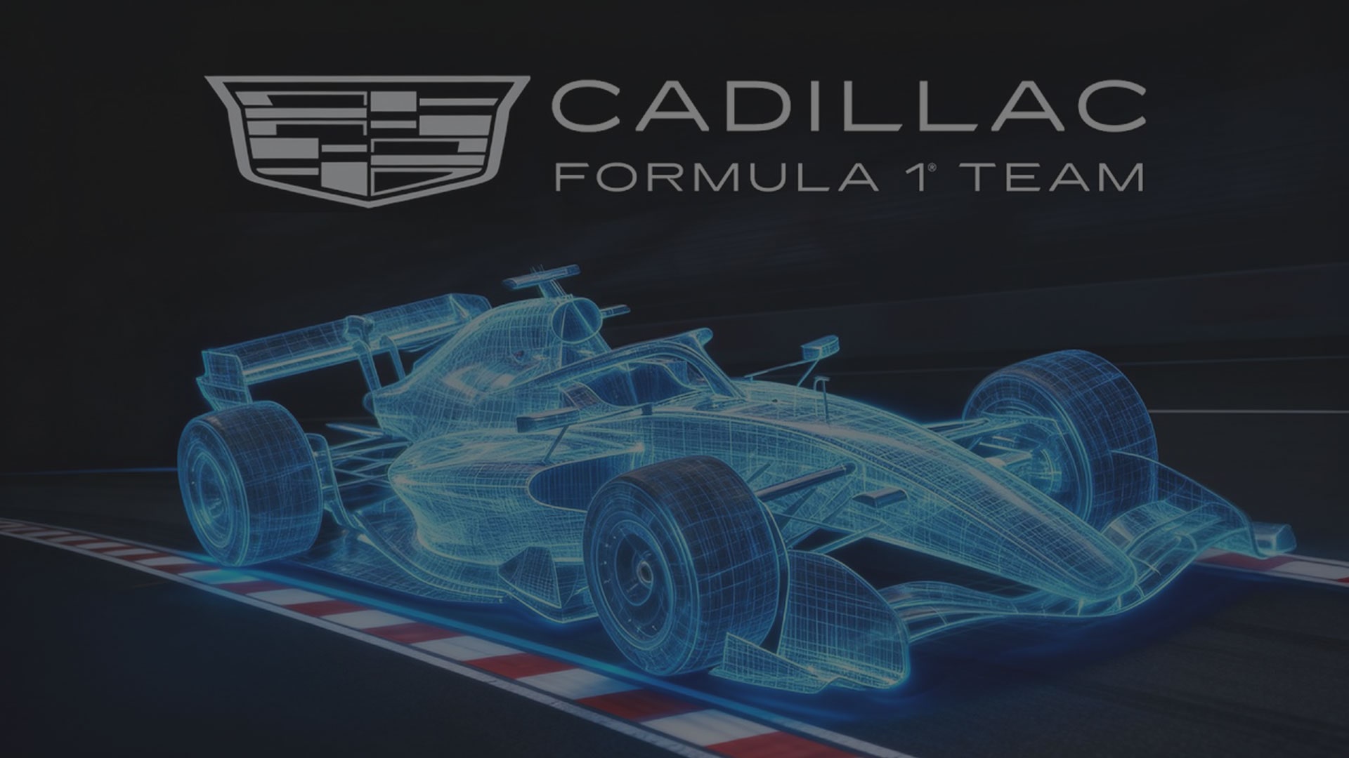 The Cadillac F1 Racecar in Blue Holographic with Text Overlay Reading "Cadillac Formula 1 Team