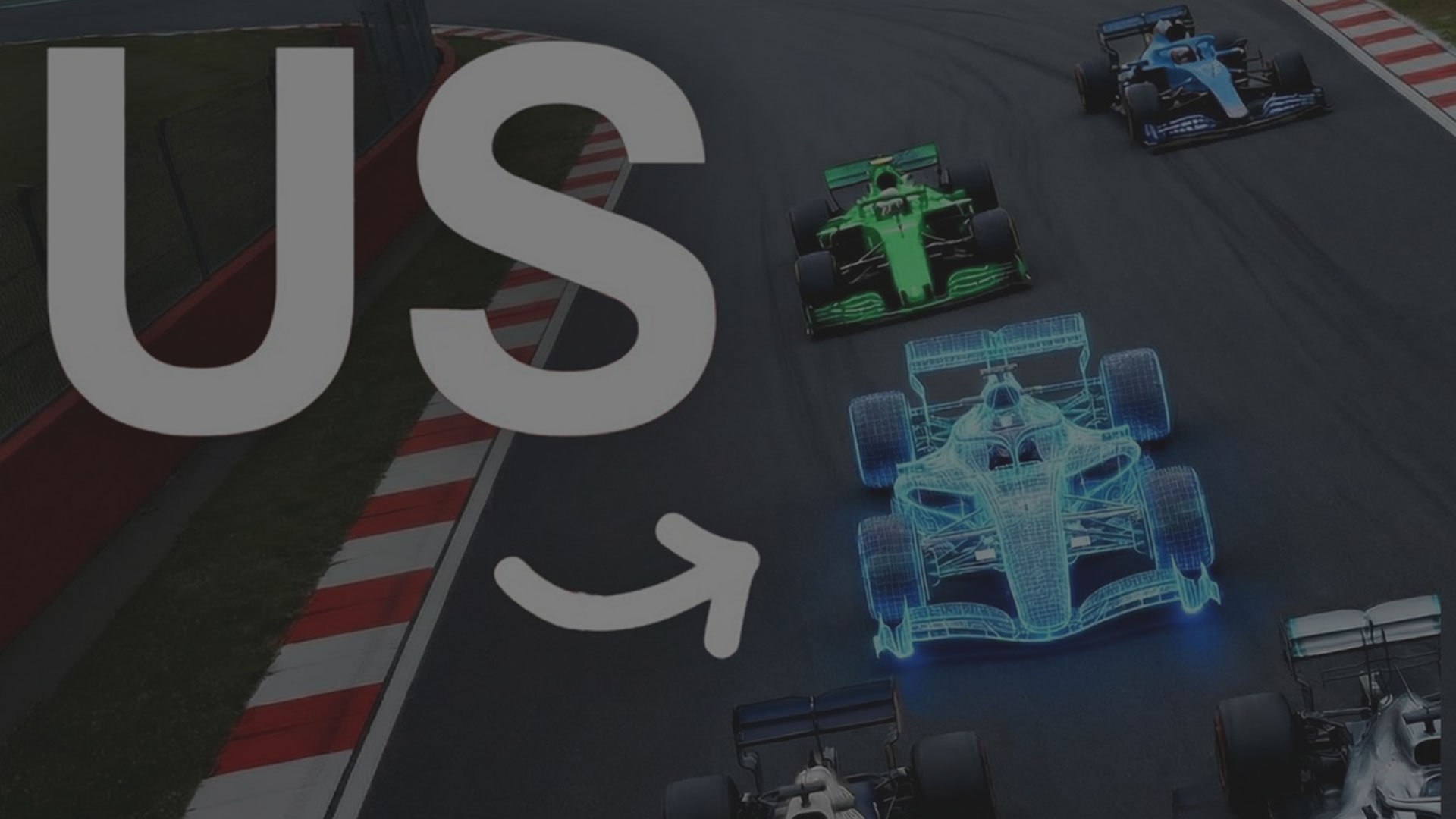 An Arrow Pointing to a Blue Holgraphic Cadillac F1 Racecar on a Track Followed by Racecars with Text Overlay Reading "US"