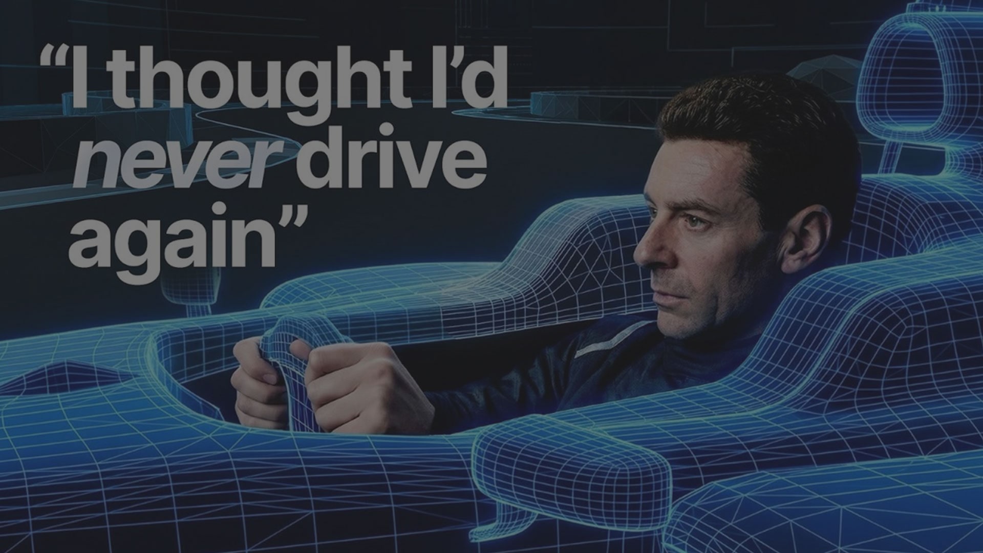 Close-up of a Driver in a Blue Holographic Cadillac F1 Racecar with Text Overlay Reading "I Thought I'd Never Drive Again"