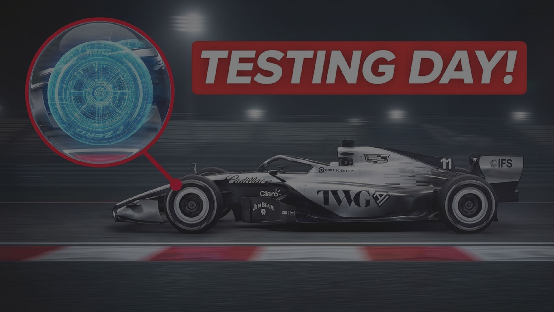 Side View of the Cadillac F1 Racecar and Close-up of the Holography Tire with Text Overlay Reading "Test Day!"