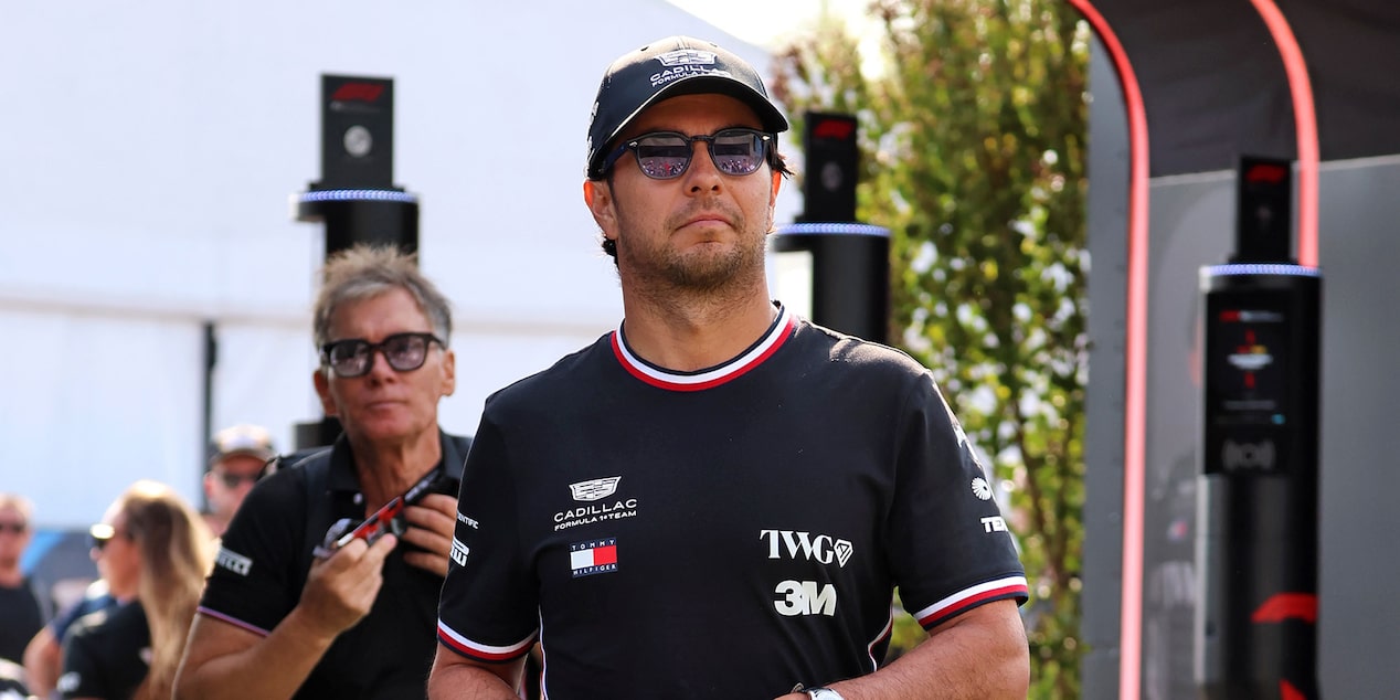 Sergio "Checo" Perez Pre-Race Arrival Wearing Black Cadillac Attire.