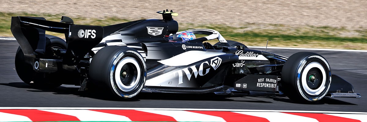Rear Three-quarter View of a Cadillac Racecar Speeding Down a Track