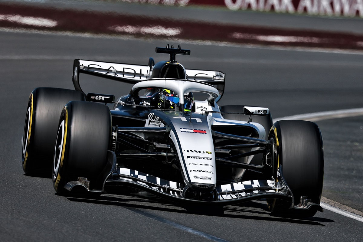 Front View of the White Cadillac F1 Racecar Parked on a Track