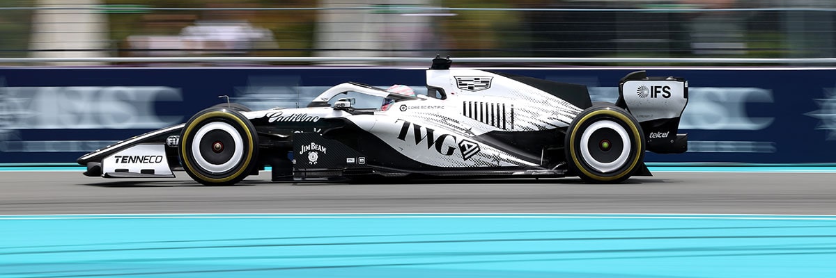 Rear Three-quarter View of a Cadillac Racecar Speeding Down a Track