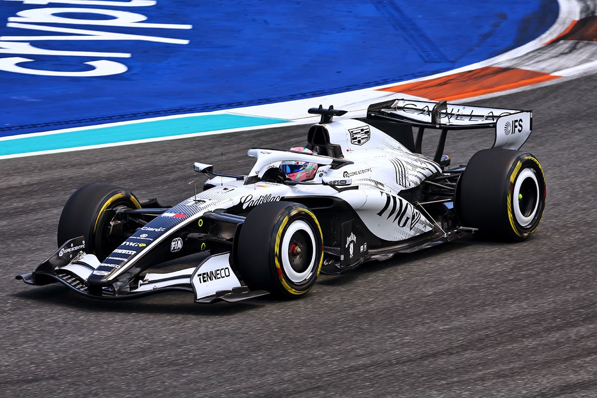 Front View of the White Cadillac F1 Racecar Parked on a Track