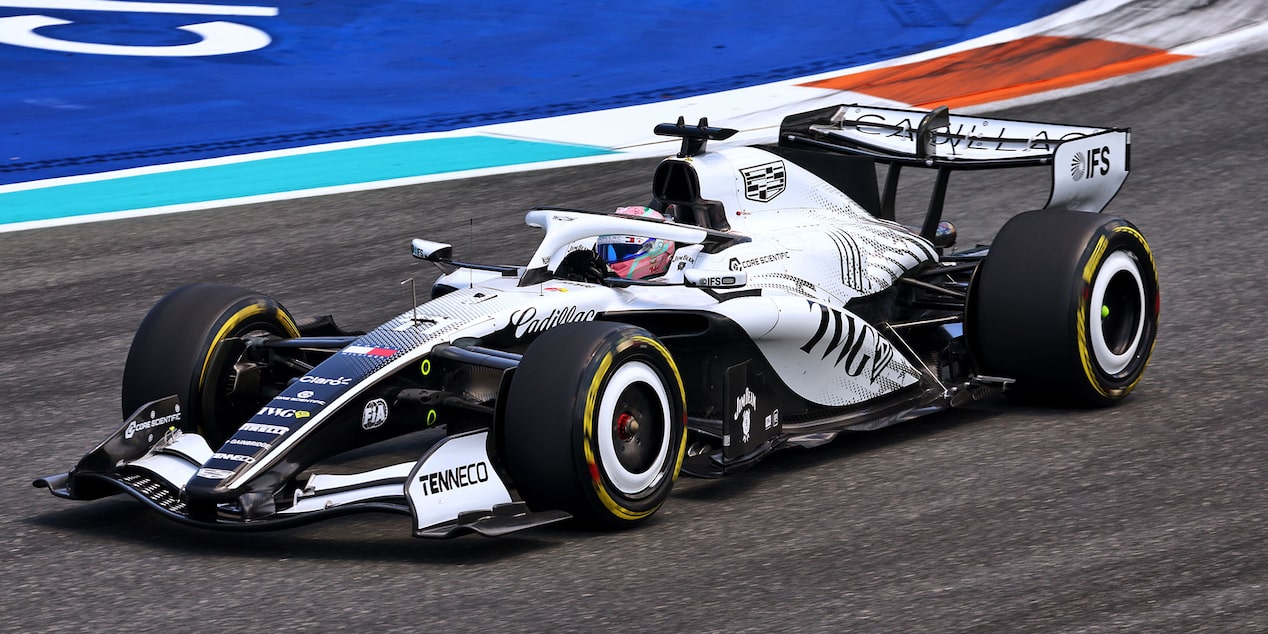 Front Three-quarters View of the White Cadillac F1 Race Car Parked on a Track
