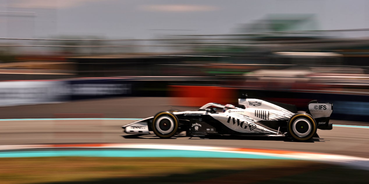 Front Three-quarters View of the White Cadillac F1 Race Car Parked on a Track