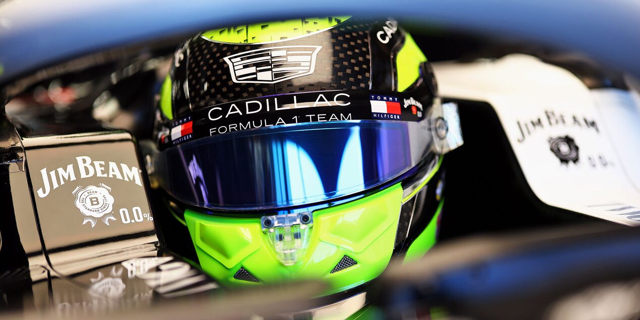 Close-Up of Cadillac F1 Team Driver Checo Perez Inside a Race Car Cockpit