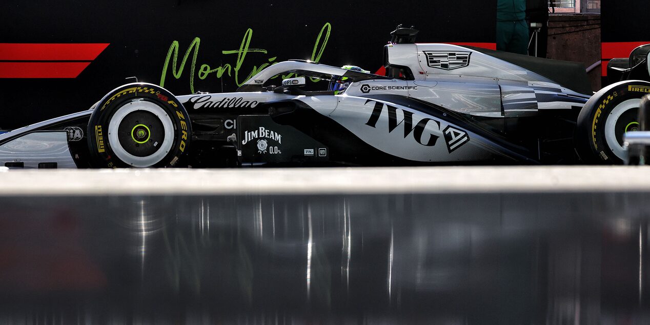 Side Profile of a Cadillac F1 Race Car on a Racetrack in Montreal
