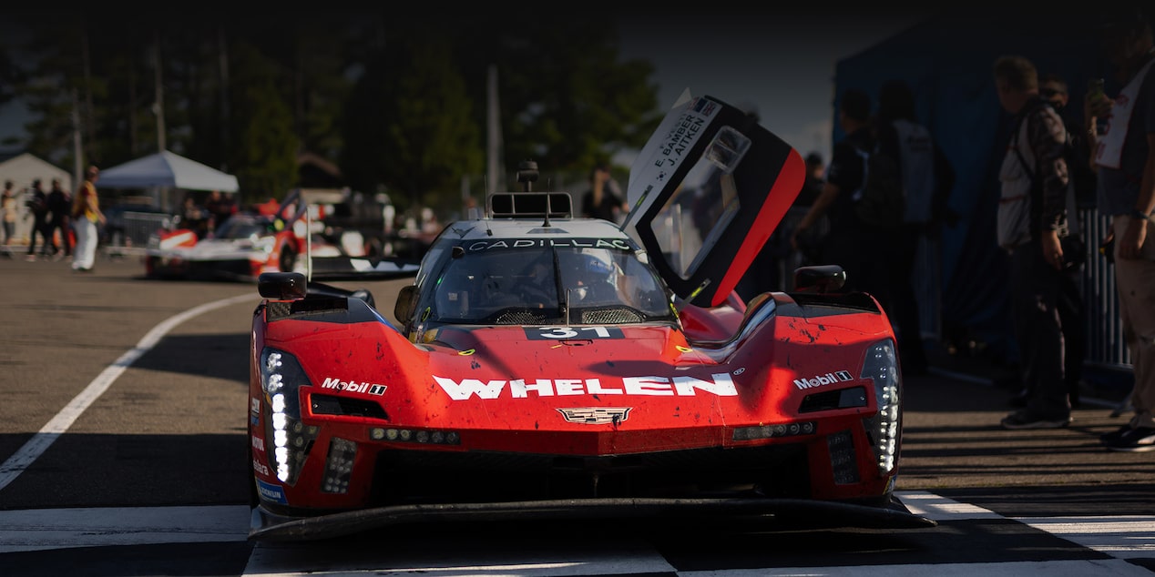 A Red Cadillac V-Series.R Race Car Speeding Down a Track With Motion Blur Against a Softly Focused Green Landscape Background.