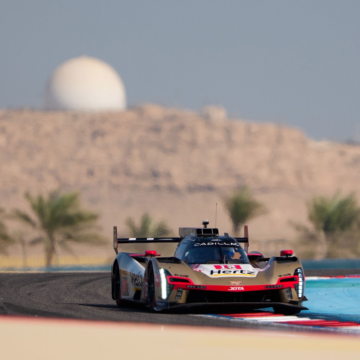 A Cadillac Race Car Driver Standing on a Race Car Waving to a Crowd