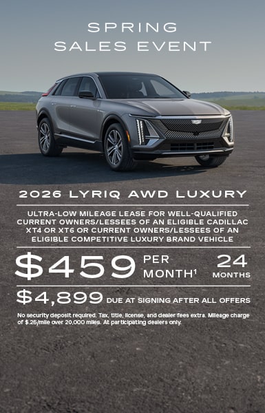 Ultra-low mileage lease for well-qualified current owners/lessees of an eligible Cadillac XT4 or XT6 or current owners/lessees of an eligible competitive luxury brand vehicle.    $459 per month for 24 months. $4,899 due at signing after all offers.    No security deposit required. Tax, title, license, and dealer fees extra. Mileage charge of $0.25/mile over 20,000 miles. At participating dealers only. 